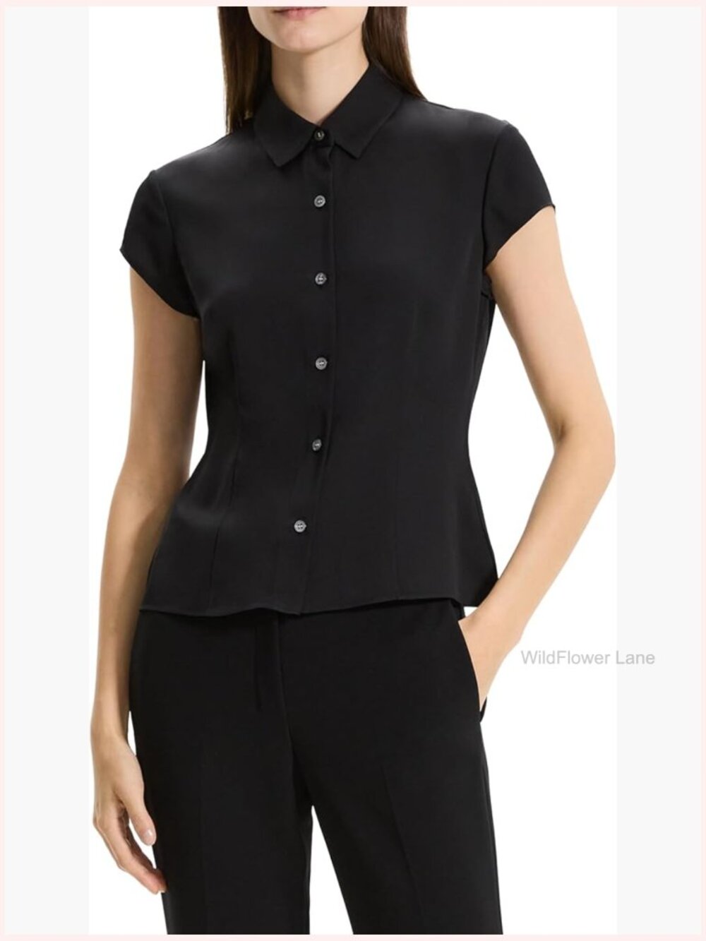 Women's Silk Cap Sleeve Blouse Collared Neck Button Placket